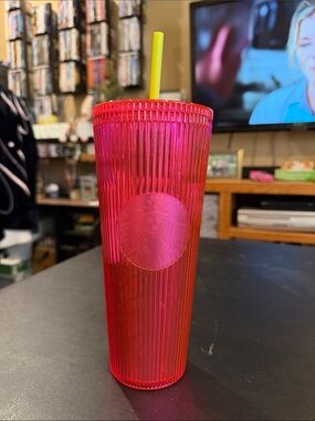 Starbucks Pink Ribbed Tumbler with Yellow Straw